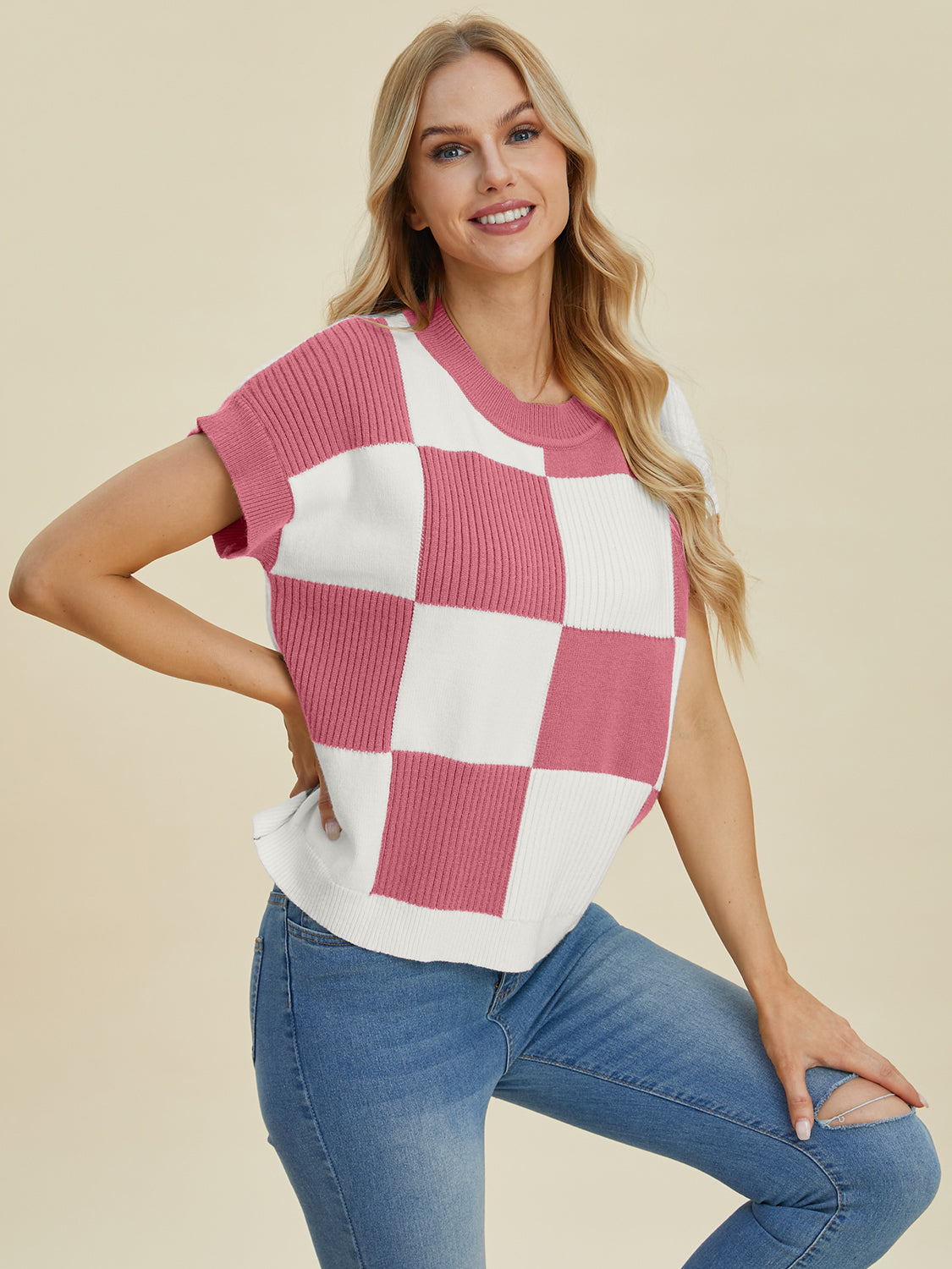 Women Full Size Checkered Round Neck Short Sleeve Sweater