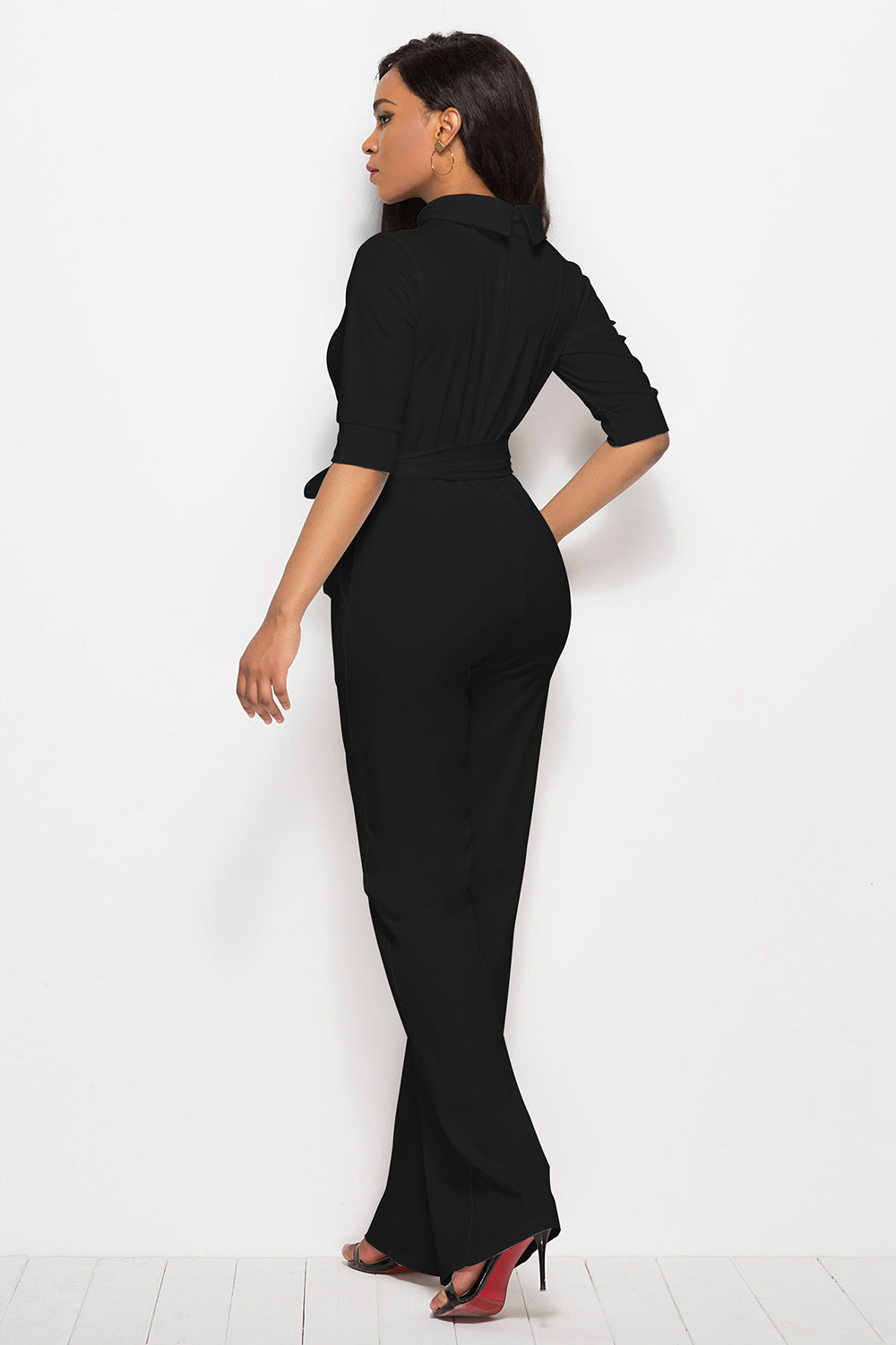 Women Mock Neck Tie-Waist Half Sleeve Jumpsuit