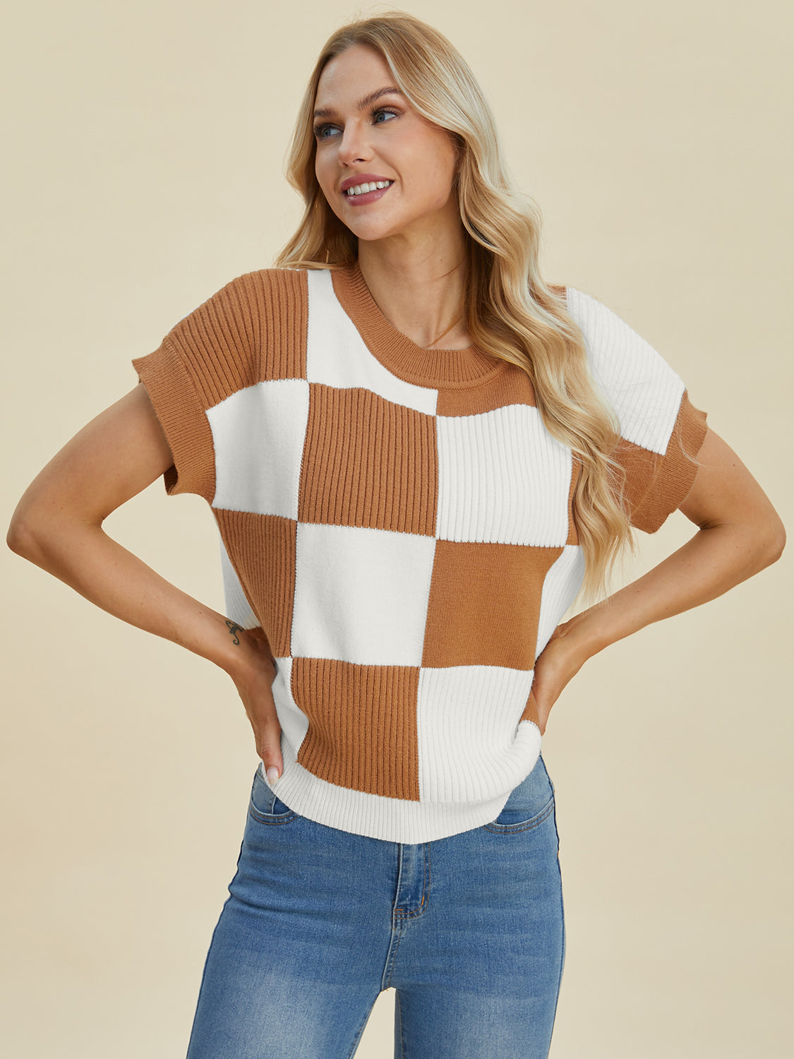 Women Full Size Checkered Round Neck Short Sleeve Sweater