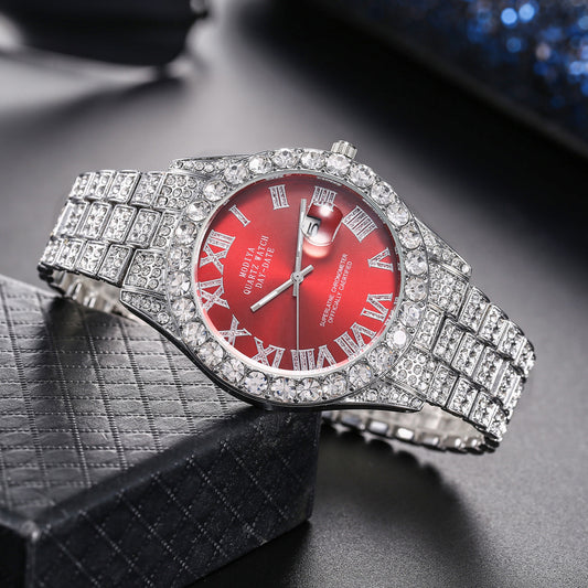 Women Full Diamond Surface Roman Scale Steel Watch