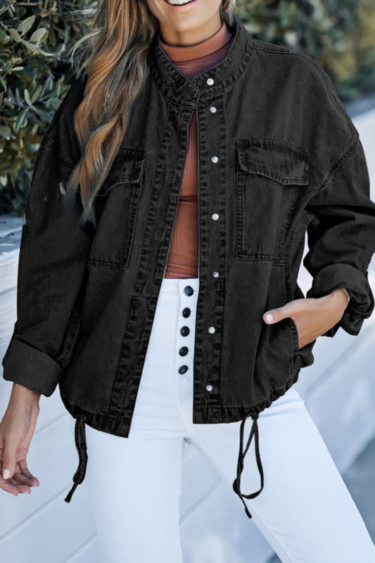Women Drawstring Snap Down Denim Jacket with Chest Pockets