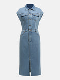 Load image into Gallery viewer, Women Slit Half Button Collared Neck Cap Sleeve Denim Dress
