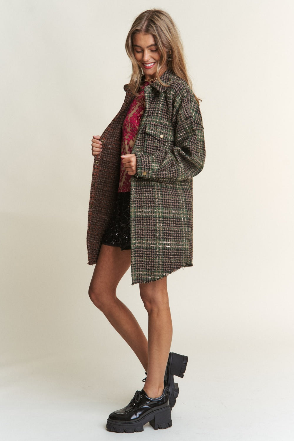 Women Snap Down Tweed Plaid Contrast  Longline Shacket