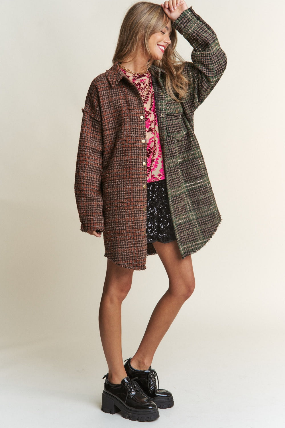 Women Snap Down Tweed Plaid Contrast  Longline Shacket