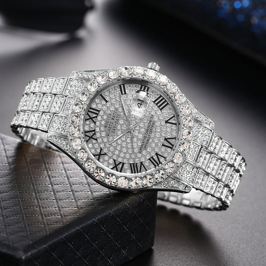 Women Full Diamond Surface Roman Scale Steel Watch
