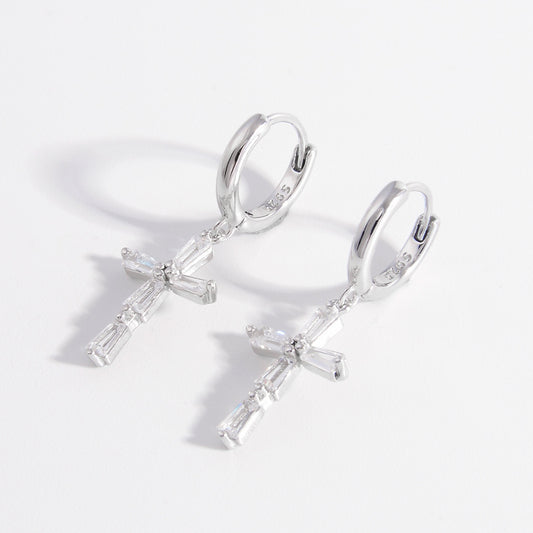 Women 925 Sterling Silver Zircon Cross Earrings