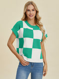 Load image into Gallery viewer, Women Full Size Checkered Round Neck Short Sleeve Sweater
