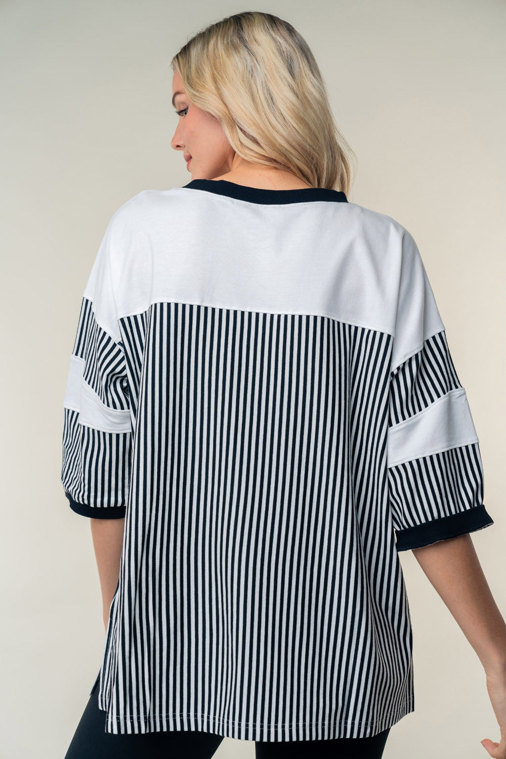 Women Full Size Striped Contrast Round Neck Top