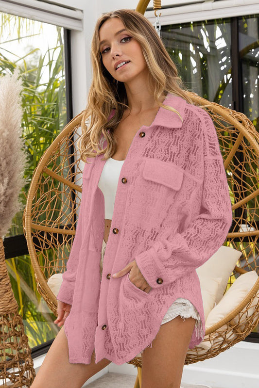 Women Oversized Lace Shacket with Front Pockets