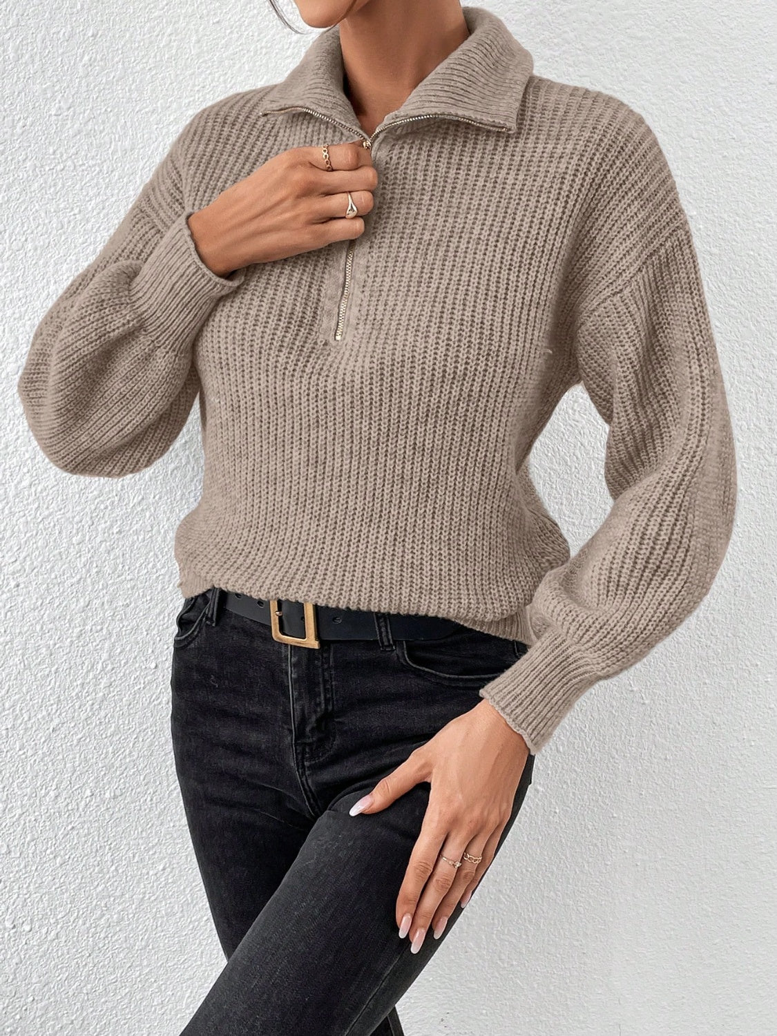 Women Half Zip Dropped Shoulder Sweater
