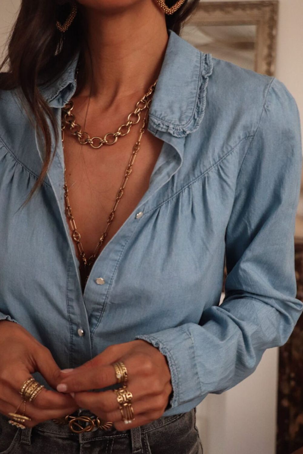 Women Button Up Long Sleeve Denim Top
