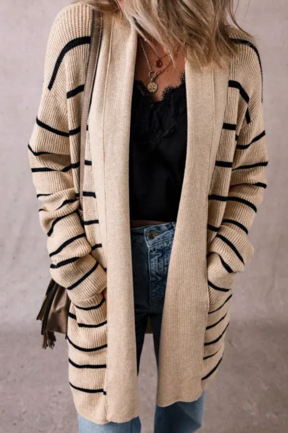 Women Striped Open Front Long Sleeve Cardigan
