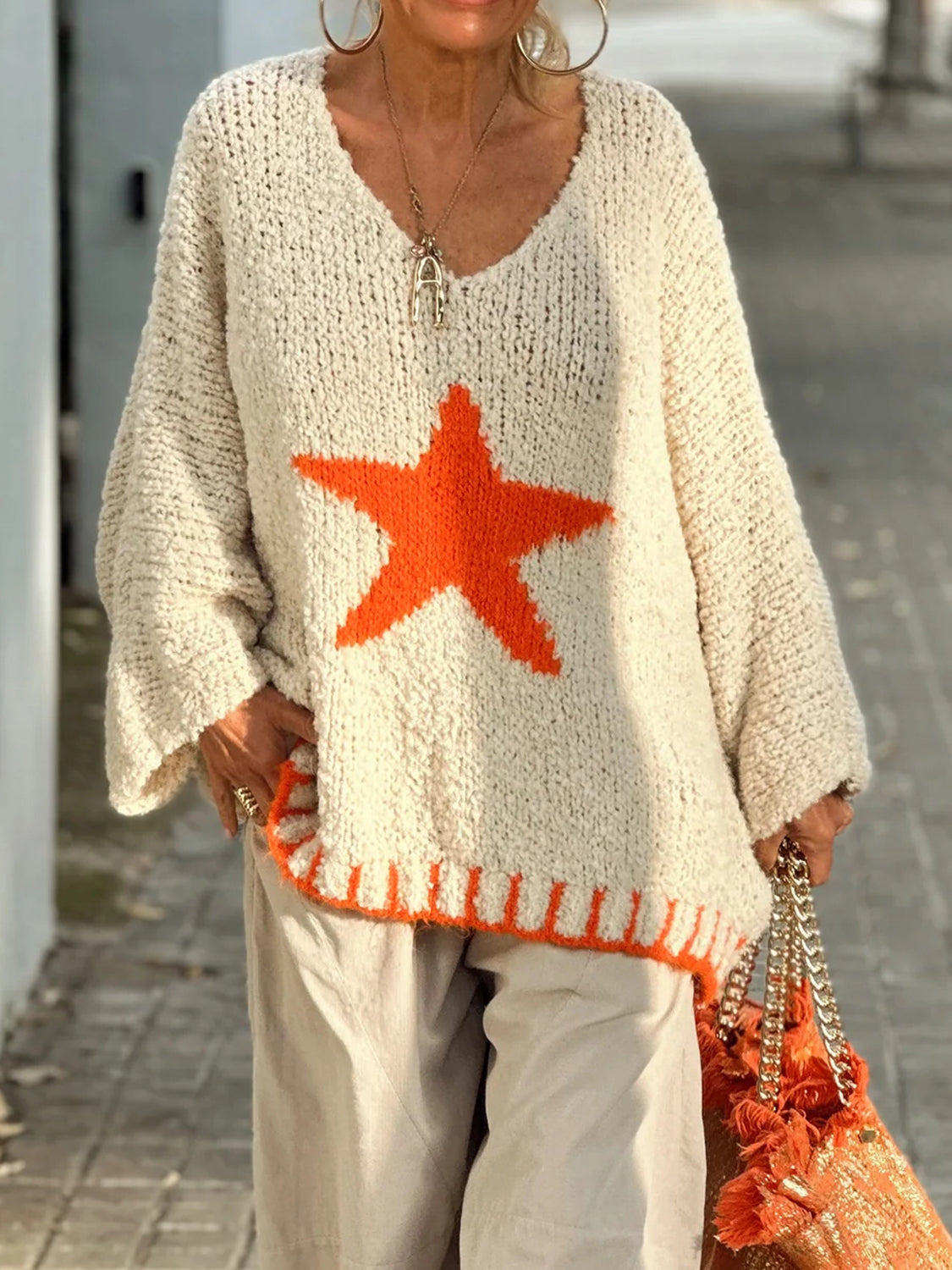 Women Star V-Neck Long Sleeve Oversize Sweater