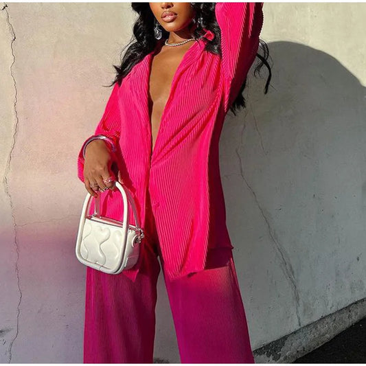 Women Casual Sexy Long Sleeve Lapel Jacket Coat Wide Leg Trousers Set