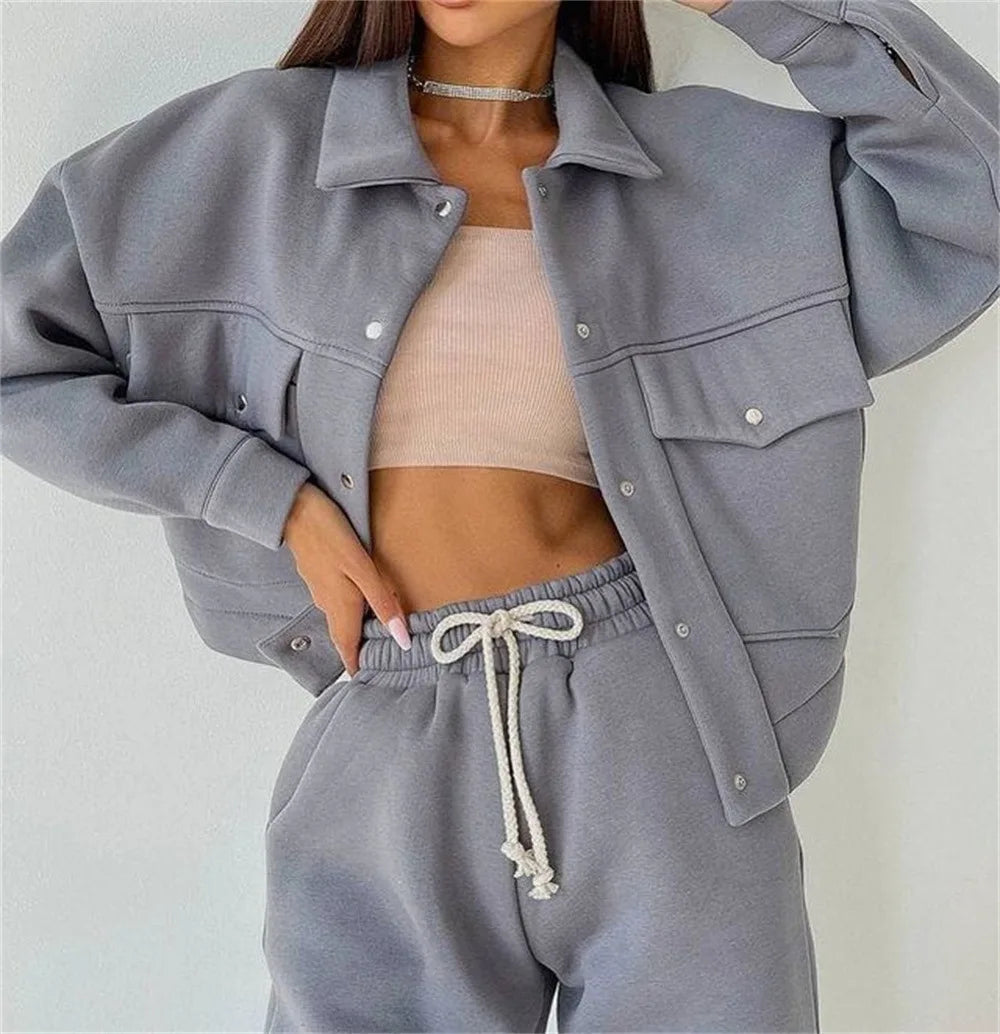 Women Long Sleeve Big Pocket Outdoor Hoodie Sweatpants Outfit