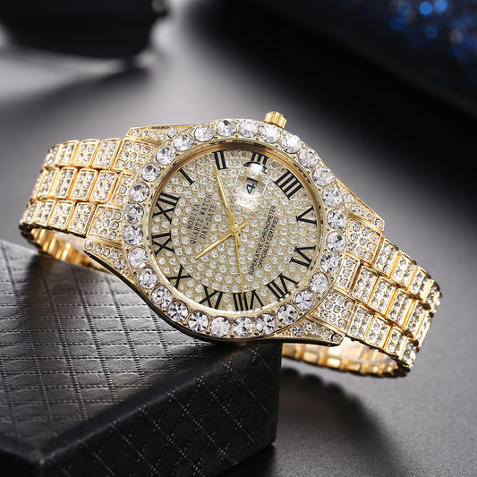 Women Full Diamond Surface Roman Scale Steel Watch