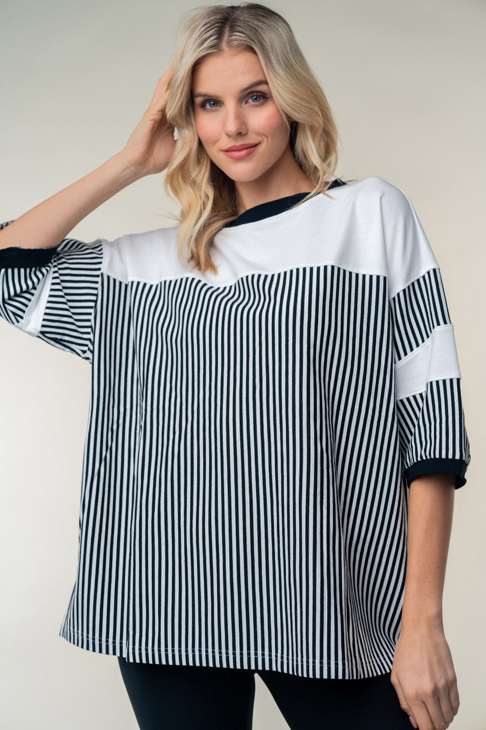 Women Full Size Striped Contrast Round Neck Top