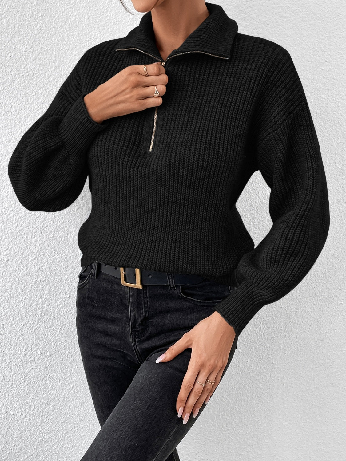 Women Half Zip Dropped Shoulder Sweater