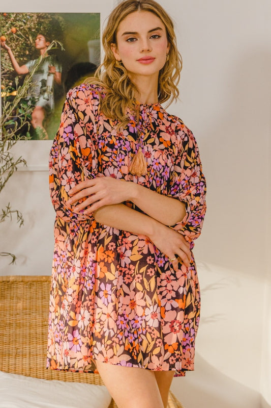 Women Full Size Floral Tied Neck Mini Dress