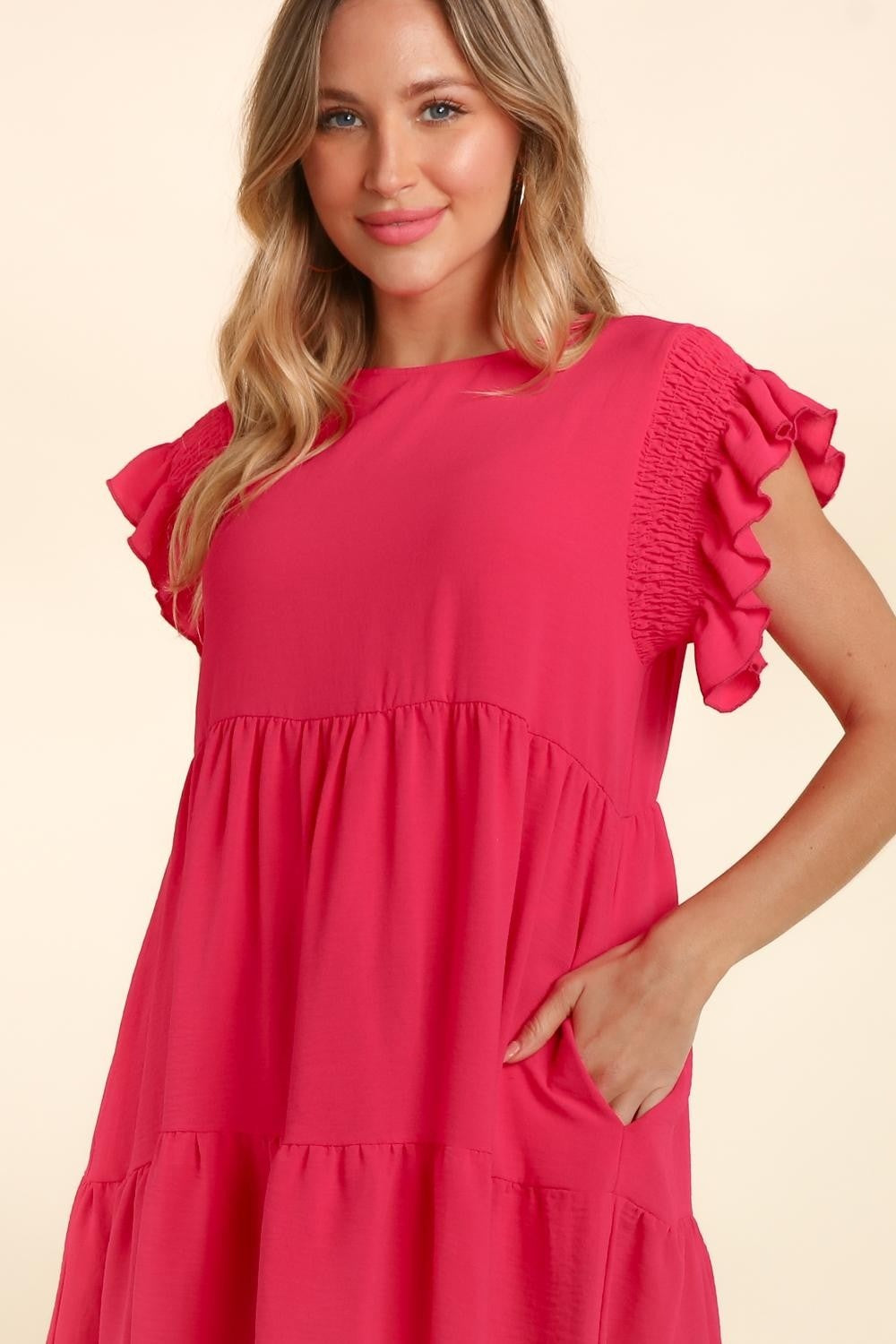 Women Full Size Smocking Ruffle Short Sleeve Dress with Pockets