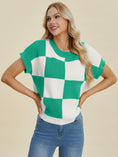 Load image into Gallery viewer, Women Full Size Checkered Round Neck Short Sleeve Sweater
