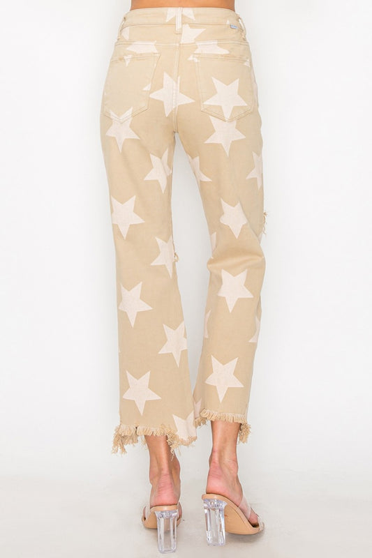 Women Full Size High Rise Star Printed Frayed Hem Jeans