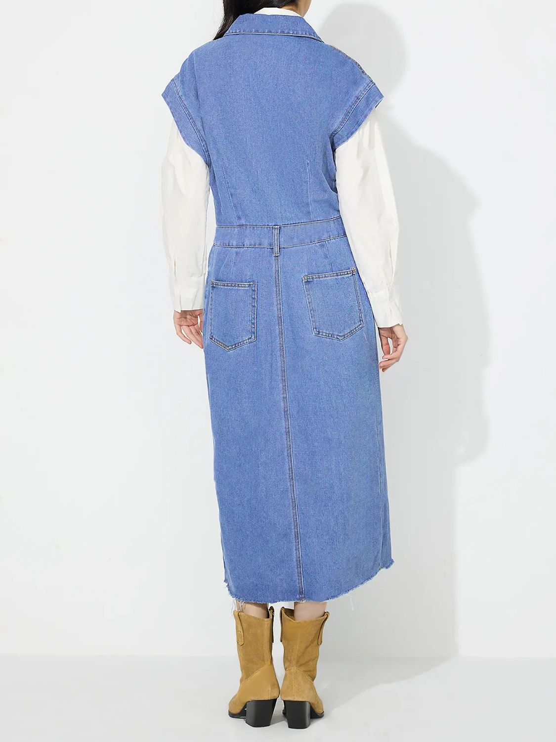 Women Slit Half Button Collared Neck Cap Sleeve Denim Dress