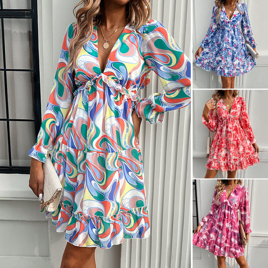 Spring And Summer Vacation Style Printed V-neck Long-sleeve Dress