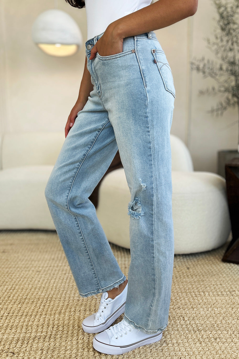 Women Full Size High Waist Distressed Straight Jeans