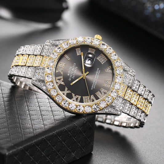Women Full Diamond Surface Roman Scale Steel Watch