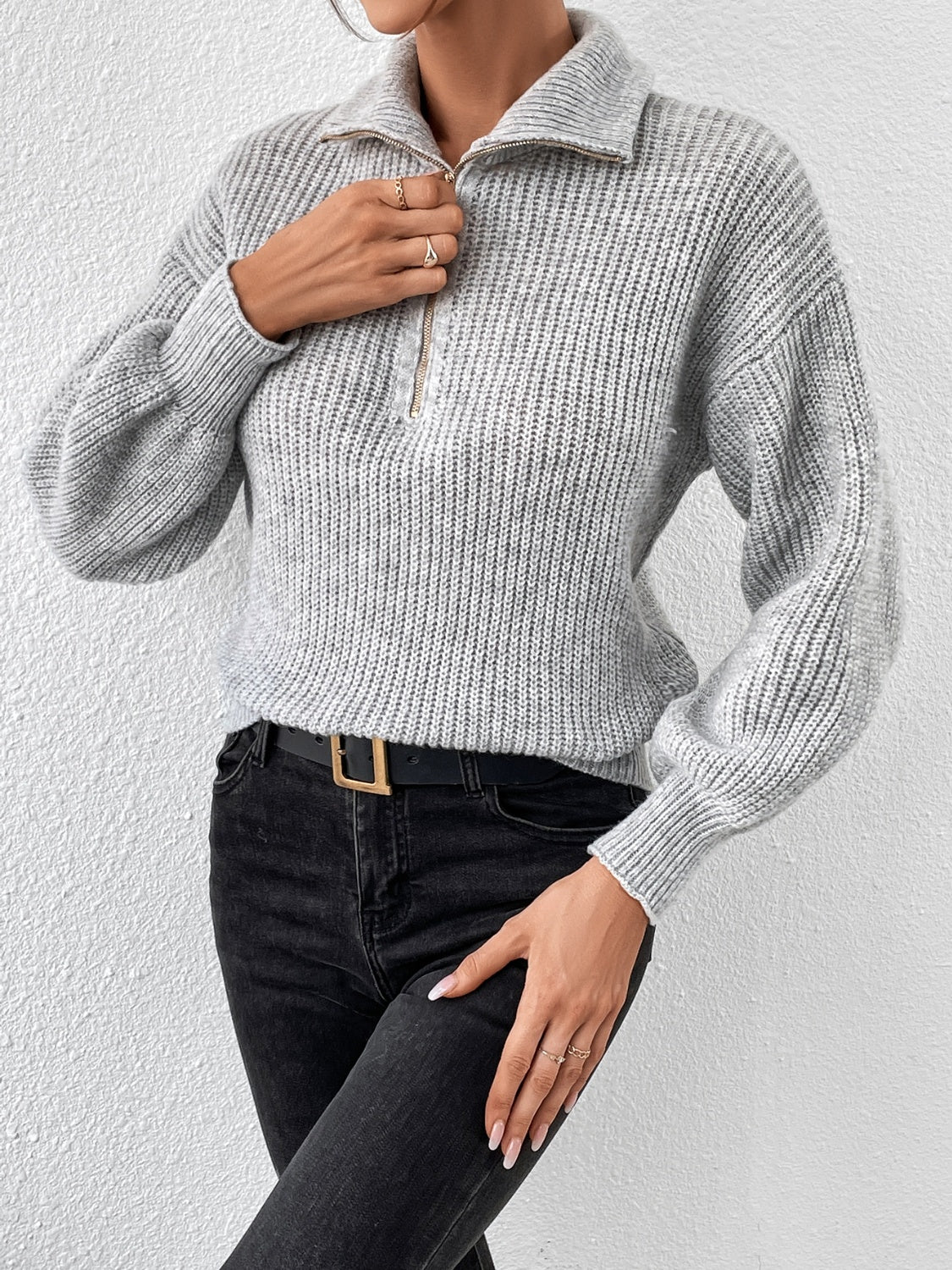 Women Half Zip Dropped Shoulder Sweater