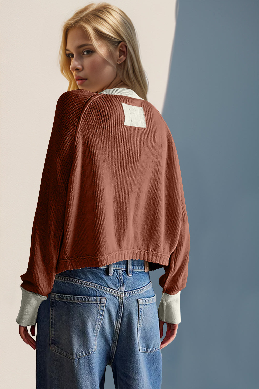 Women Contrast Button Up Long Sleeve Cardigan