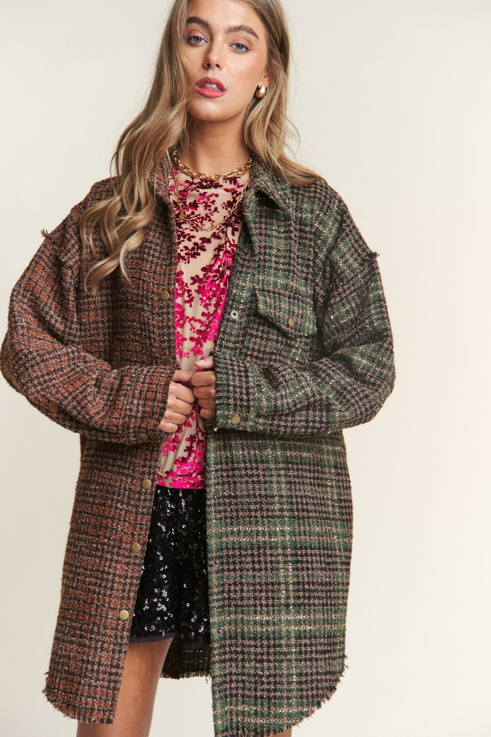 Women Snap Down Tweed Plaid Contrast  Longline Shacket