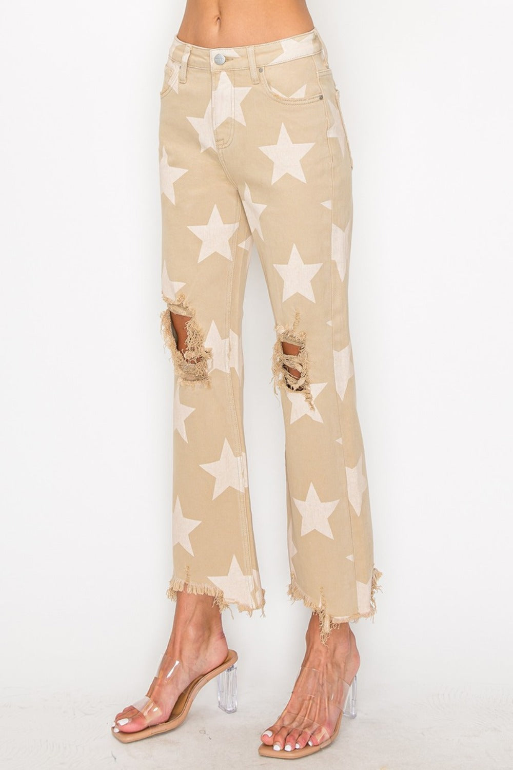 Women Full Size High Rise Star Printed Frayed Hem Jeans