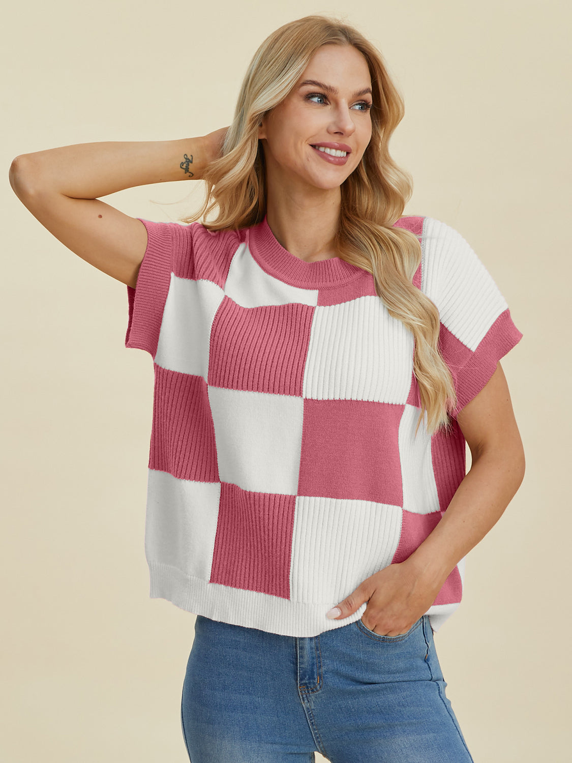 Women Full Size Checkered Round Neck Short Sleeve Sweater