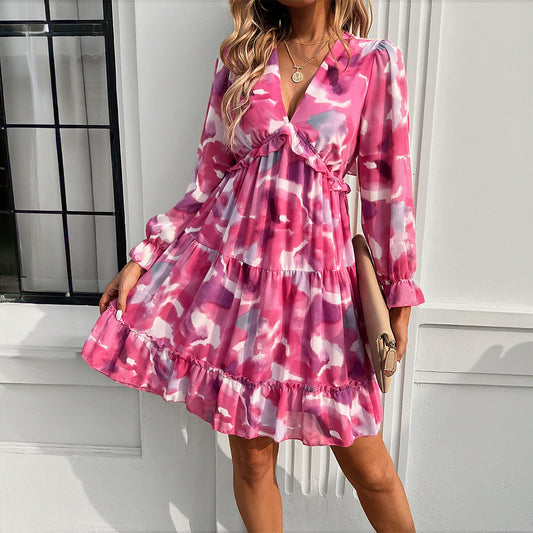 Spring And Summer Vacation Style Printed V-neck Long-sleeve Dress