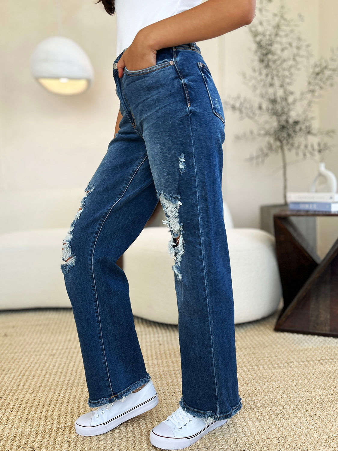 Women Full Size Mid Rise Distressed Raw Hem Jeans