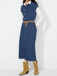 Load image into Gallery viewer, Women Slit Half Button Collared Neck Cap Sleeve Denim Dress
