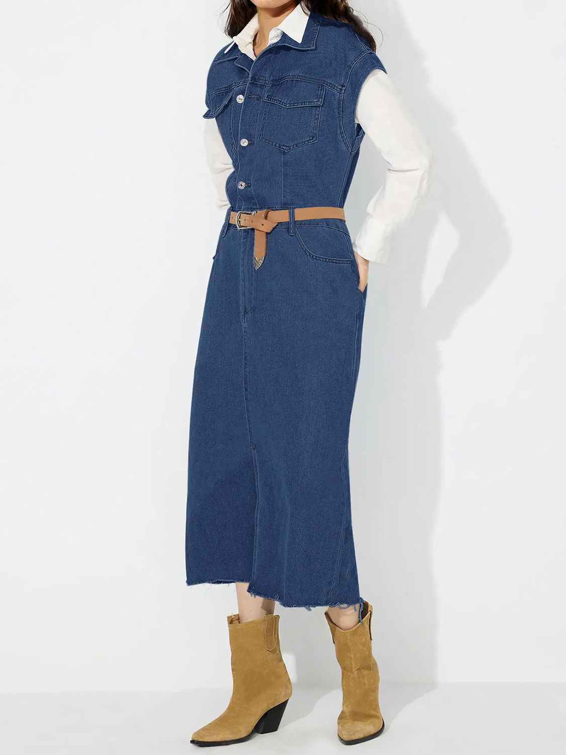Women Slit Half Button Collared Neck Cap Sleeve Denim Dress